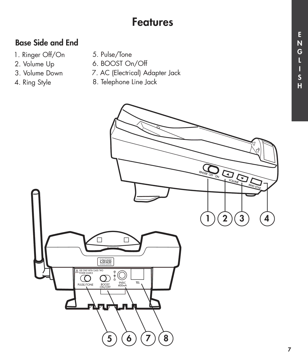 Clarity 420 Base Side and End, Ringer Off/On Pulse/Tone Volume Up Boost On/Off Volume Down, Ring Style Telephone Line Jack 