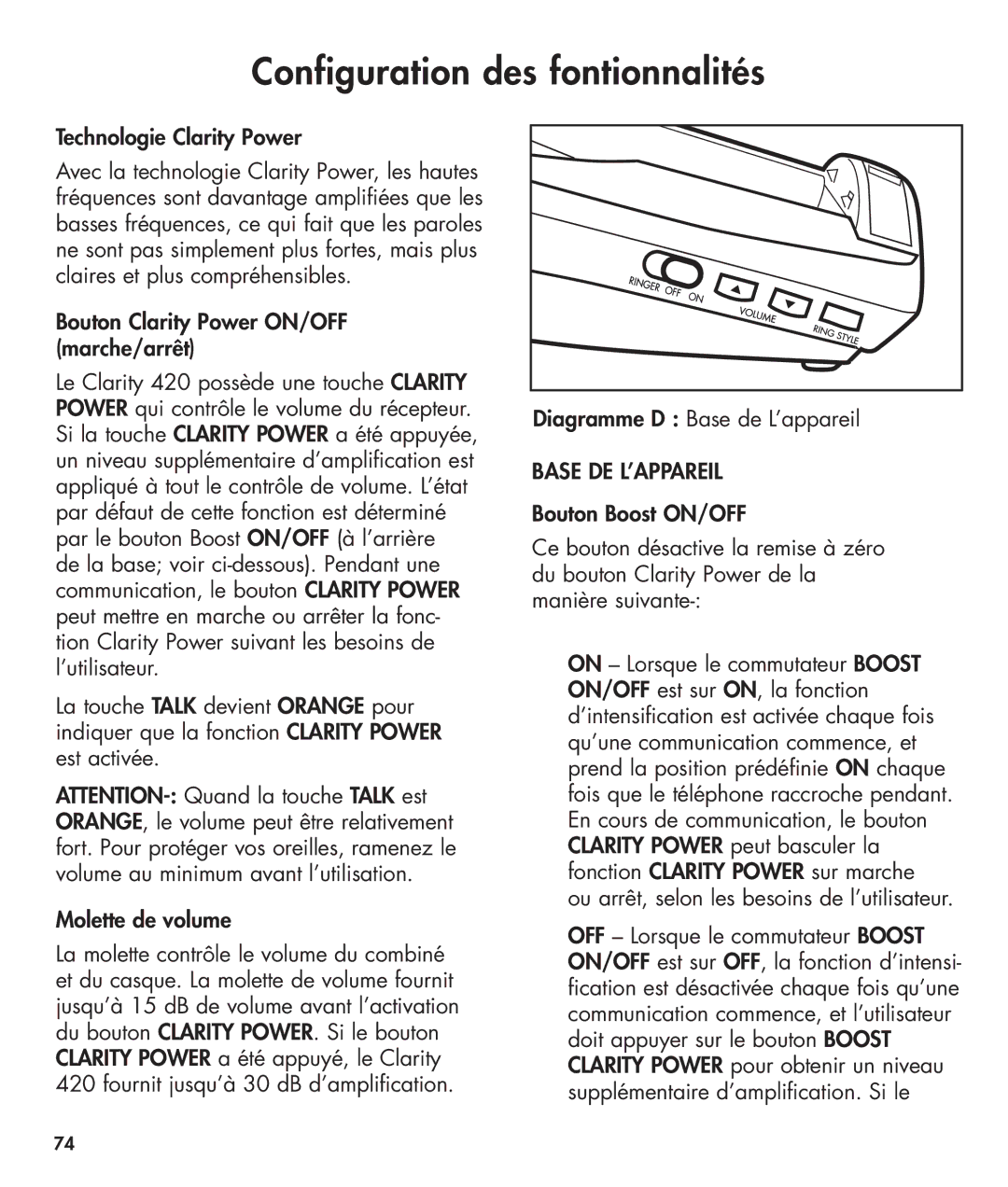 Clarity 420 manual Technologie Clarity Power, Bouton Clarity Power ON/OFF marche/arrêt, Diagramme D Base de L’appareil 