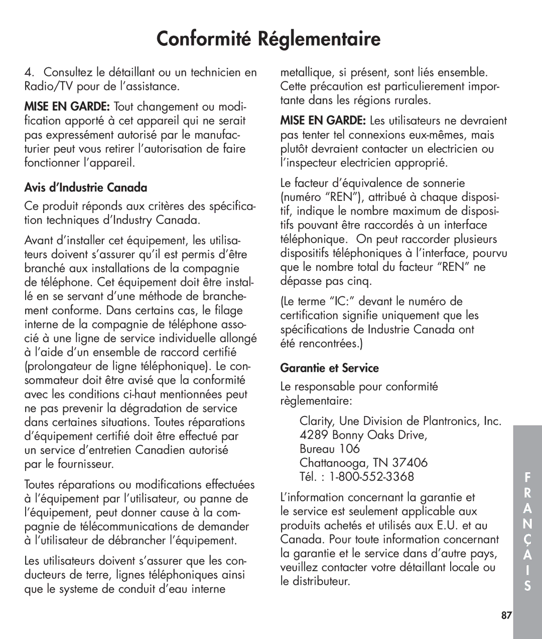 Clarity 420 manual Toutes réparations ou modifications effectuées, ’utilisateur de débrancher l’équipement 