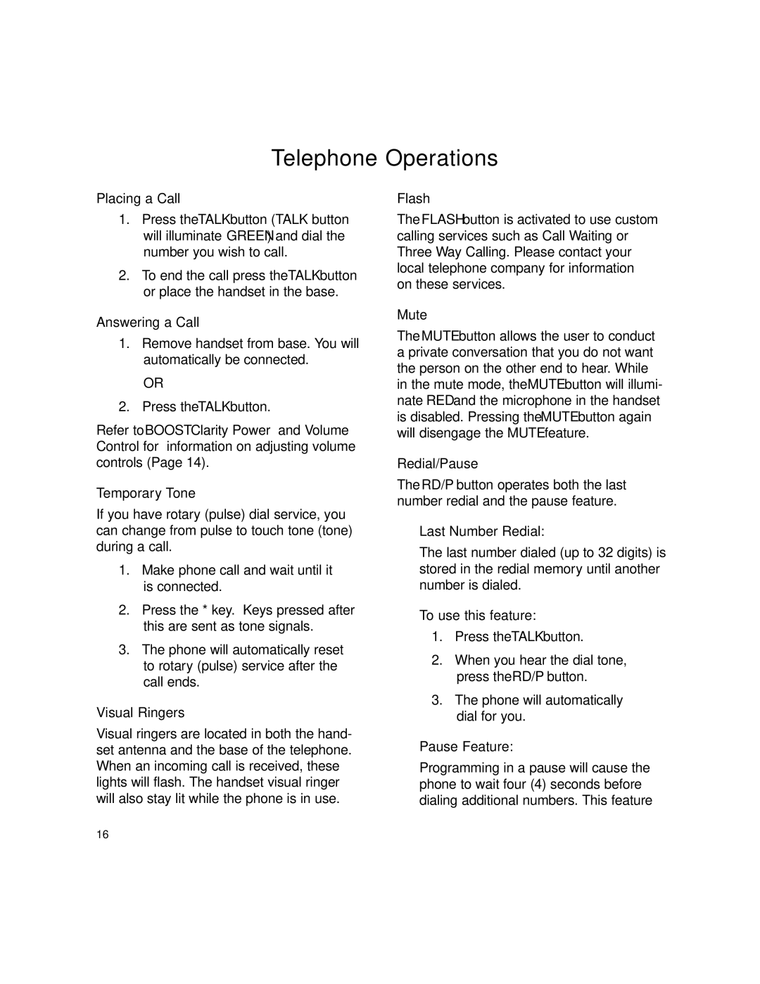 Clarity 430 manual Telephone Operations 