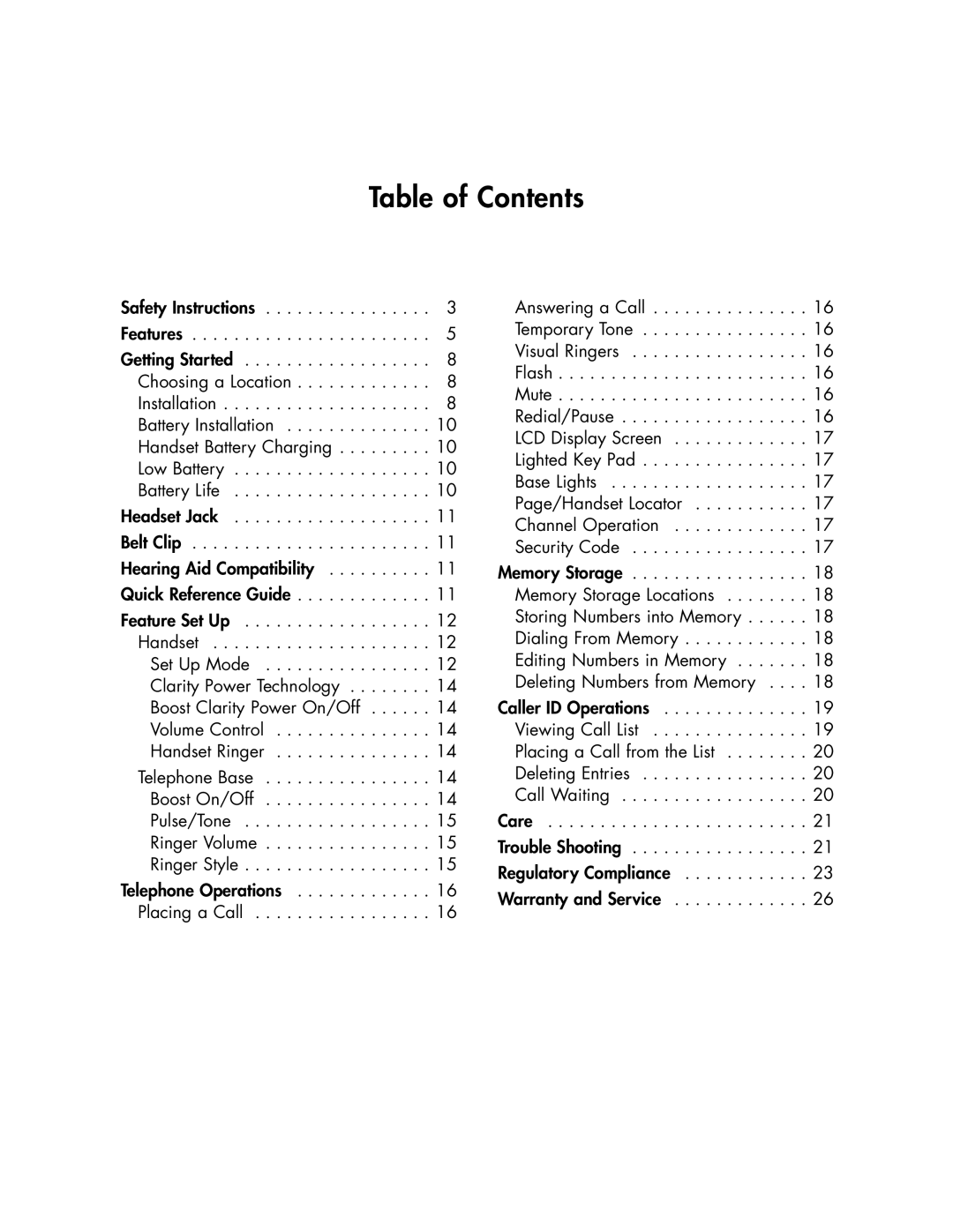 Clarity 430 manual Table of Contents 