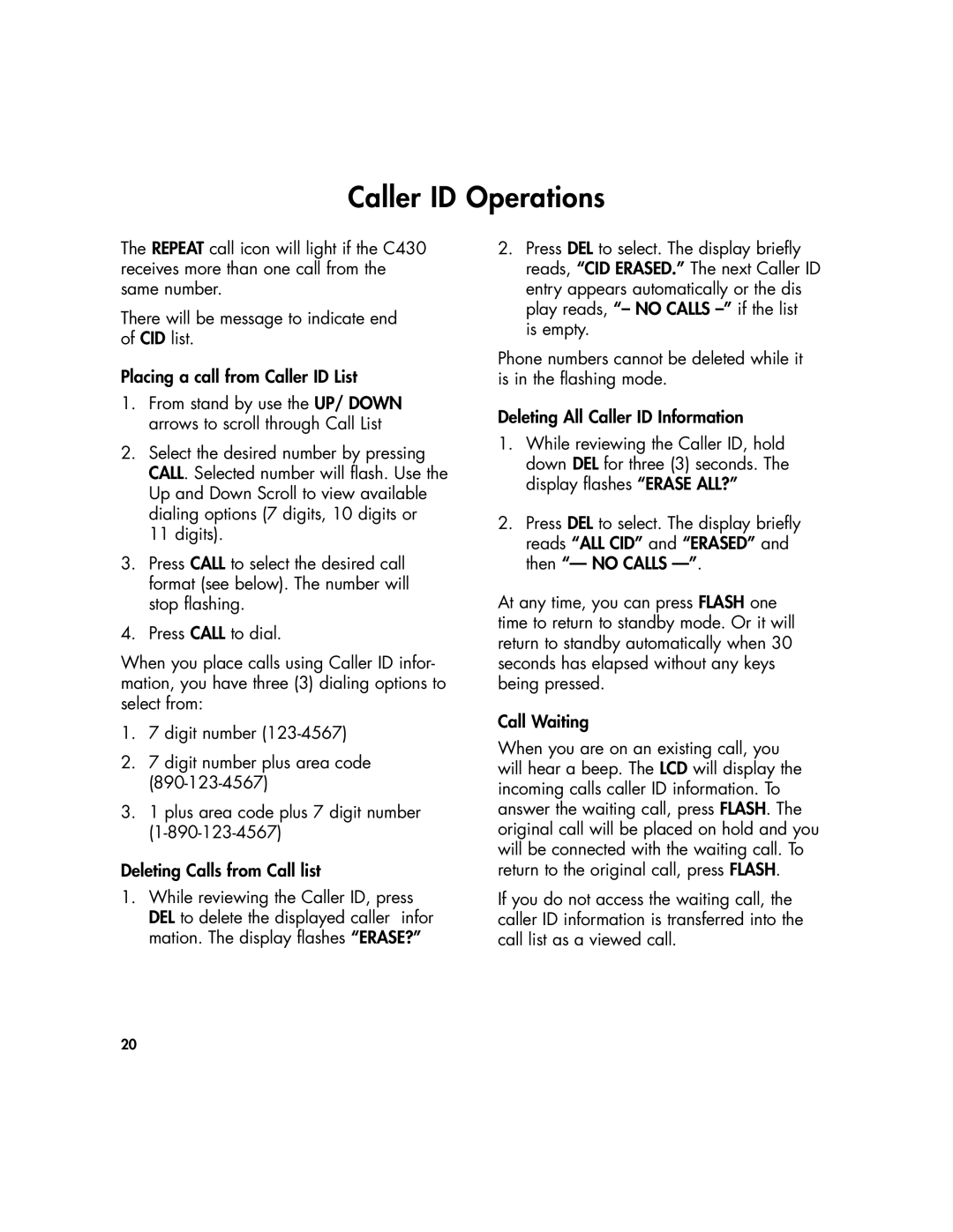 Clarity 430 manual Caller ID Operations 