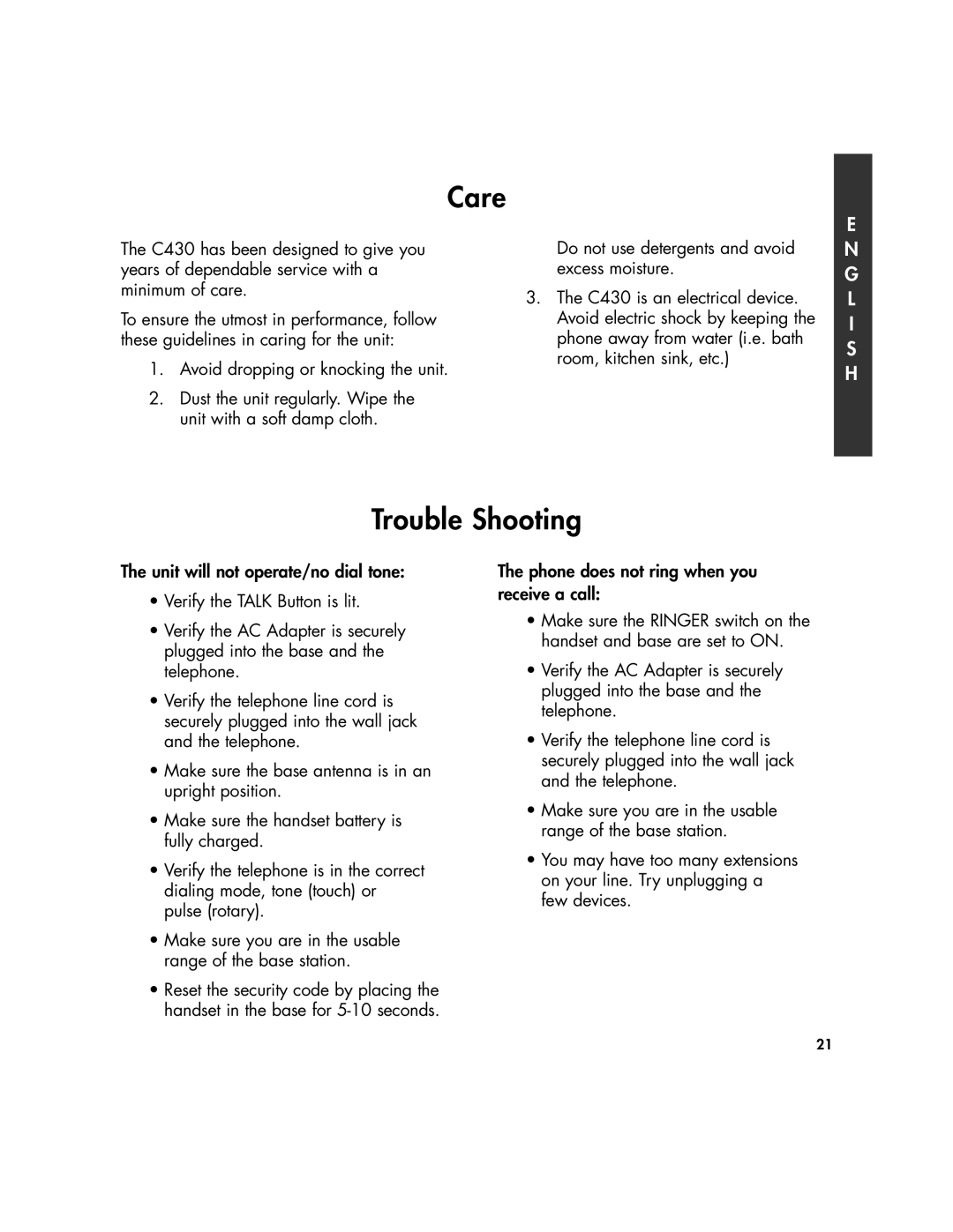 Clarity 430 manual Care, Trouble Shooting 