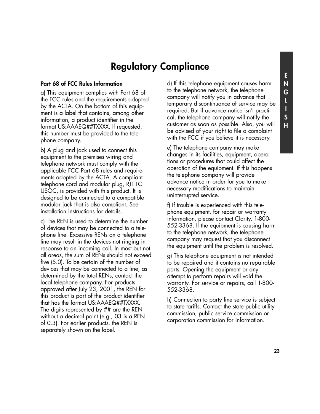 Clarity 430 manual Regulatory Compliance, Part 68 of FCC Rules Information 