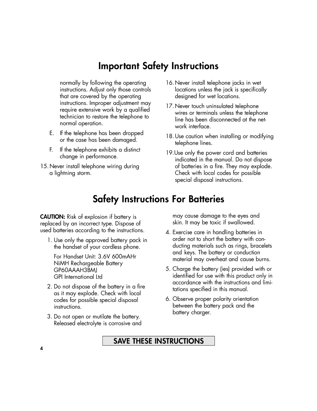 Clarity 430 manual Safety Instructions For Batteries 