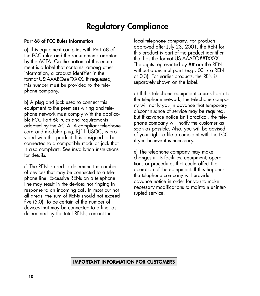 Clarity 435 manual Regulatory Compliance, Part 68 of FCC Rules Information 