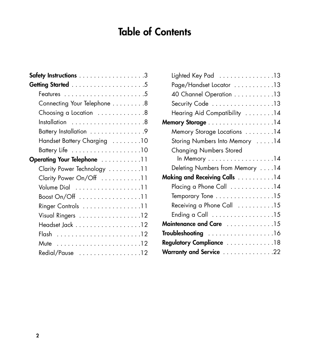 Clarity 435 manual Table of Contents 