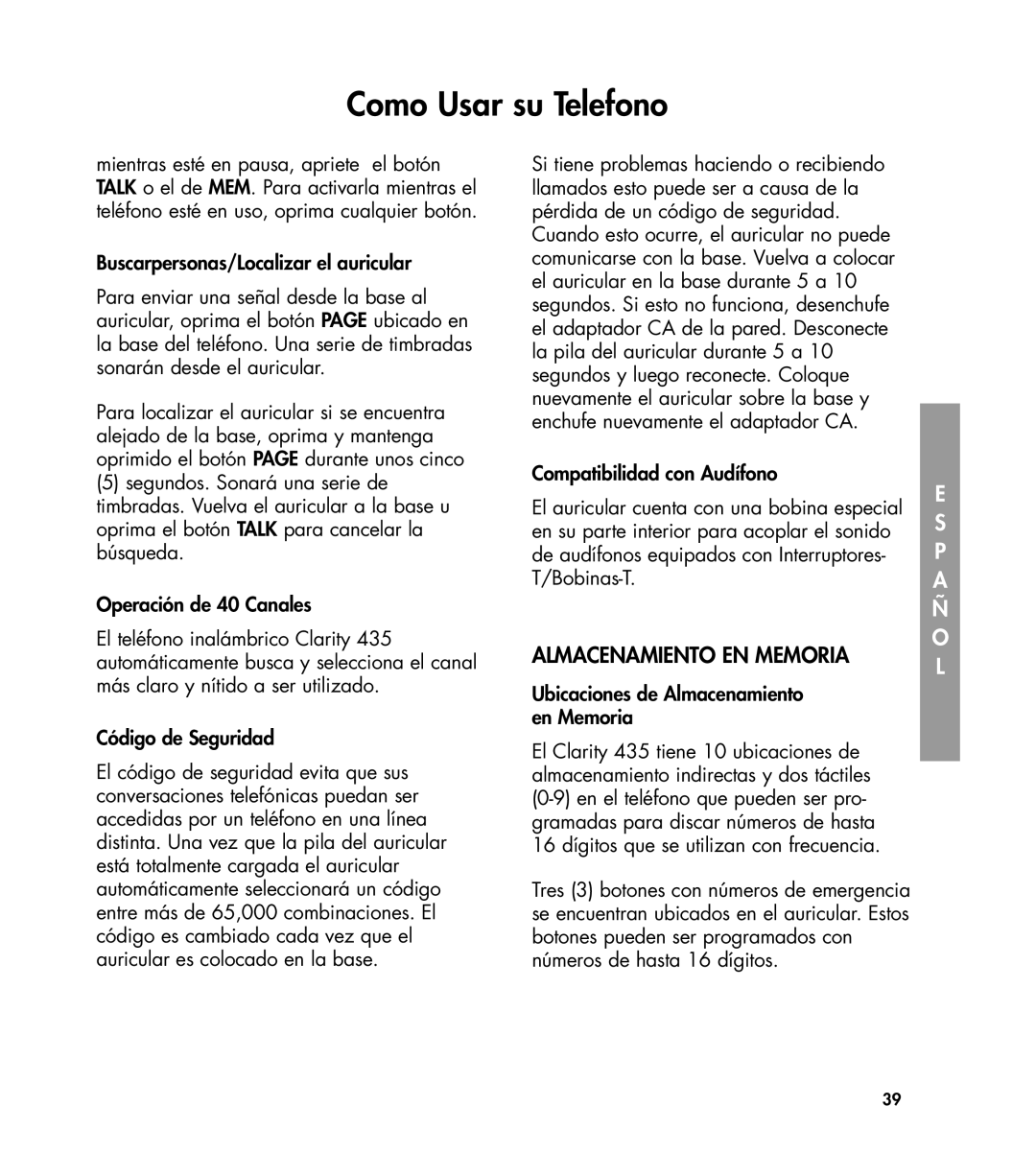 Clarity 435 manual Almacenamiento EN Memoria, Ubicaciones de Almacenamiento en Memoria 