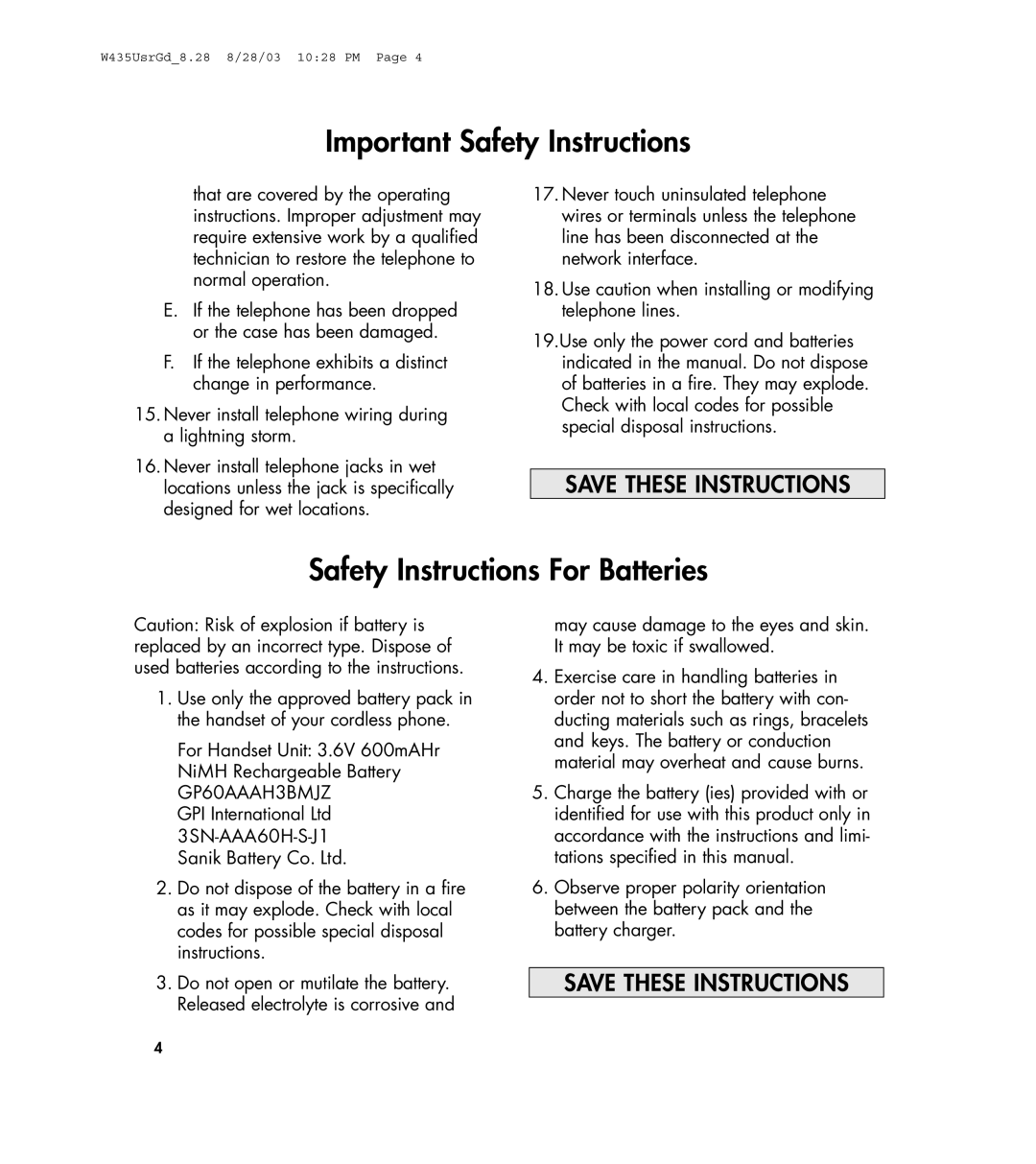 Clarity 435 manual Safety Instructions For Batteries 