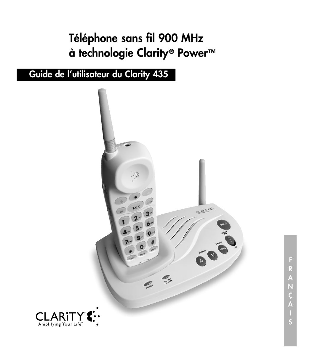 Clarity 435 manual Téléphone sans fil 900 MHz Technologie Clarity Power 