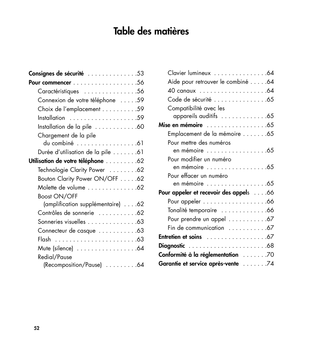 Clarity 435 manual Table des matières 