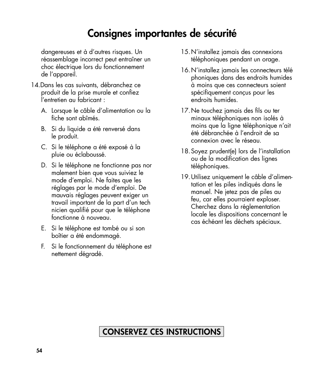 Clarity 435 manual Consignes importantes de sécurité 