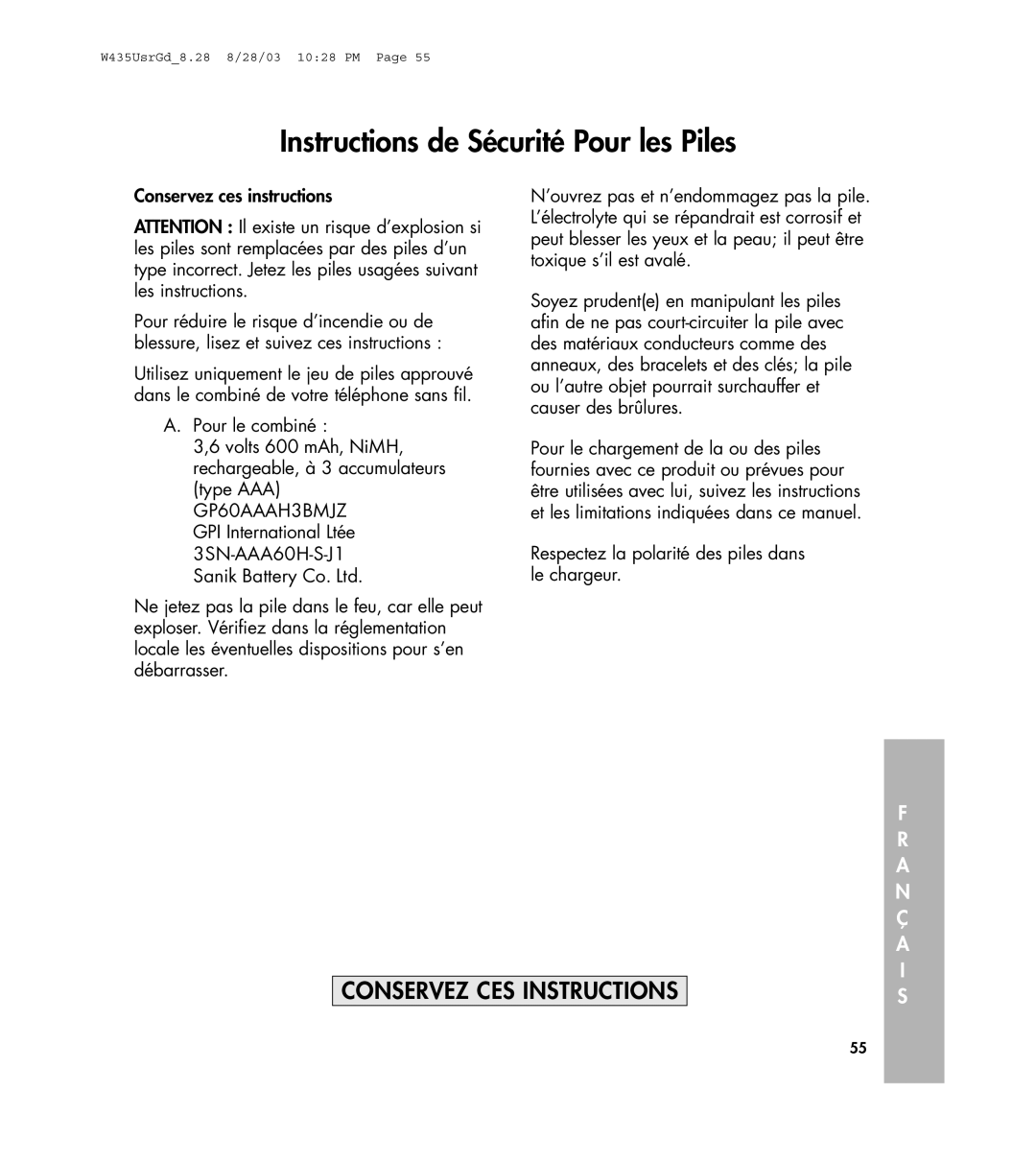 Clarity 435 Instructions de Sécurité Pour les Piles, Volts 600 mAh, NiMH, Conservez ces instructions, Pour le combiné 