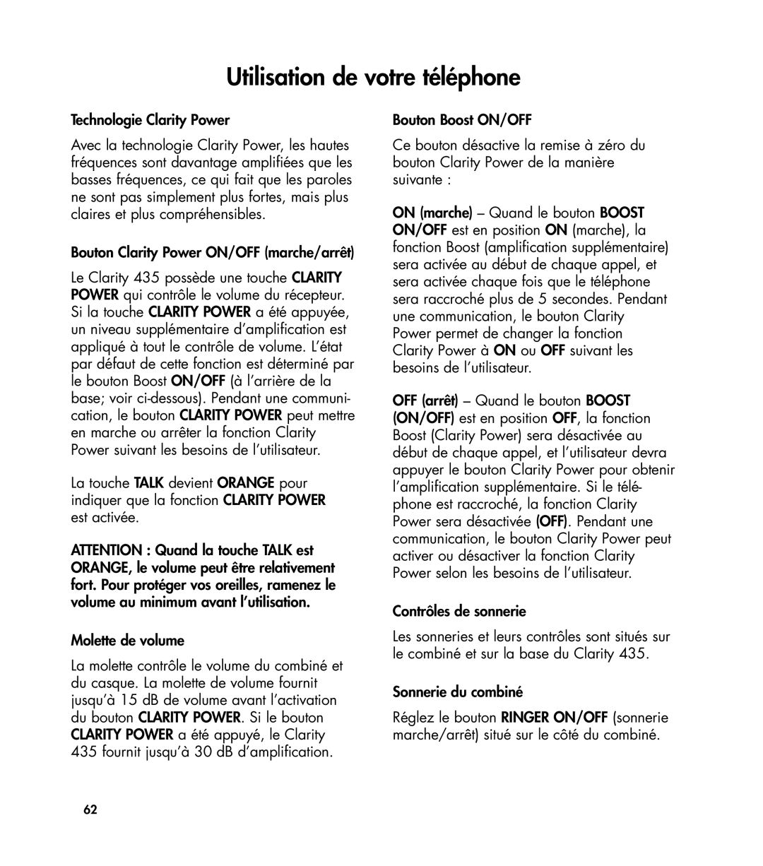 Clarity 435 manual Utilisation de votre téléphone, Technologie Clarity Power, Bouton Clarity Power ON/OFF marche/arrêt 