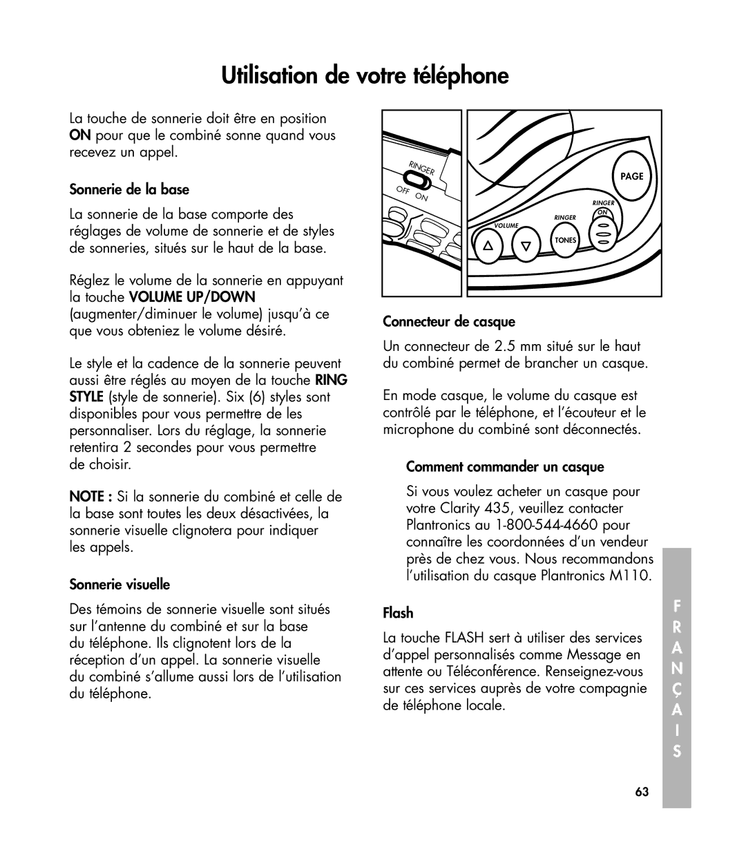 Clarity 435 Connecteur de casque, Comment commander un casque, ’appel personnalisés comme Message en, De téléphone locale 