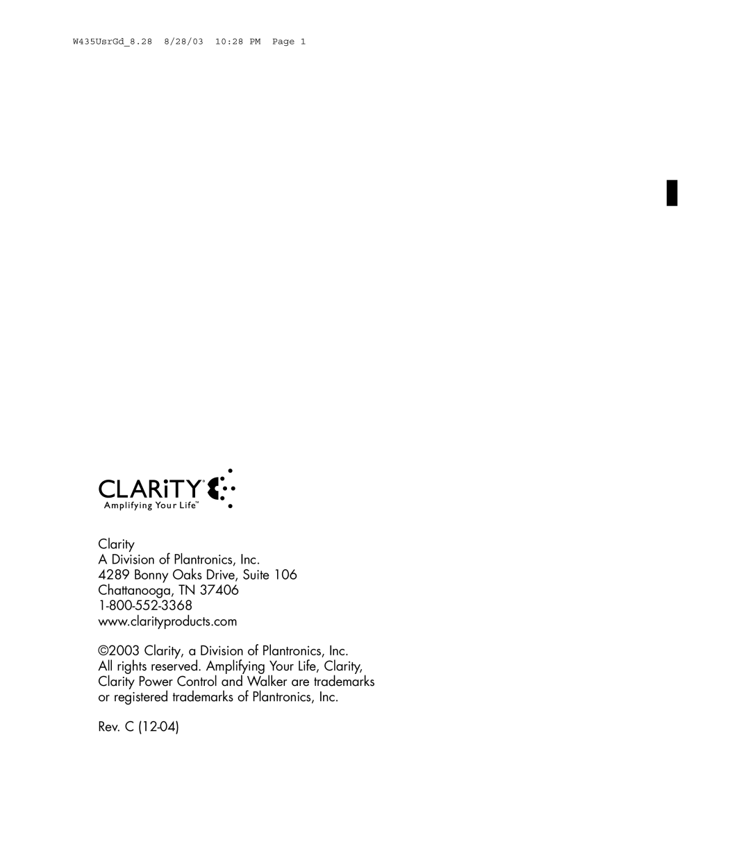 Clarity 435 manual Clarity Division of Plantronics, Inc, Rev. C 