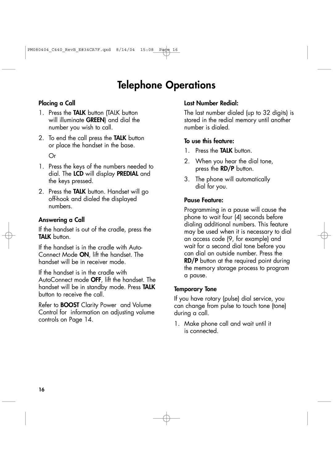 Clarity 440 manual Telephone Operations 