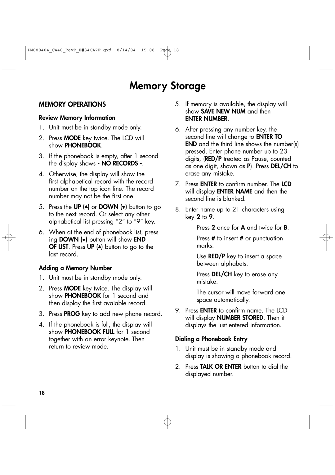 Clarity 440 manual Memory Storage, Memory Operations 