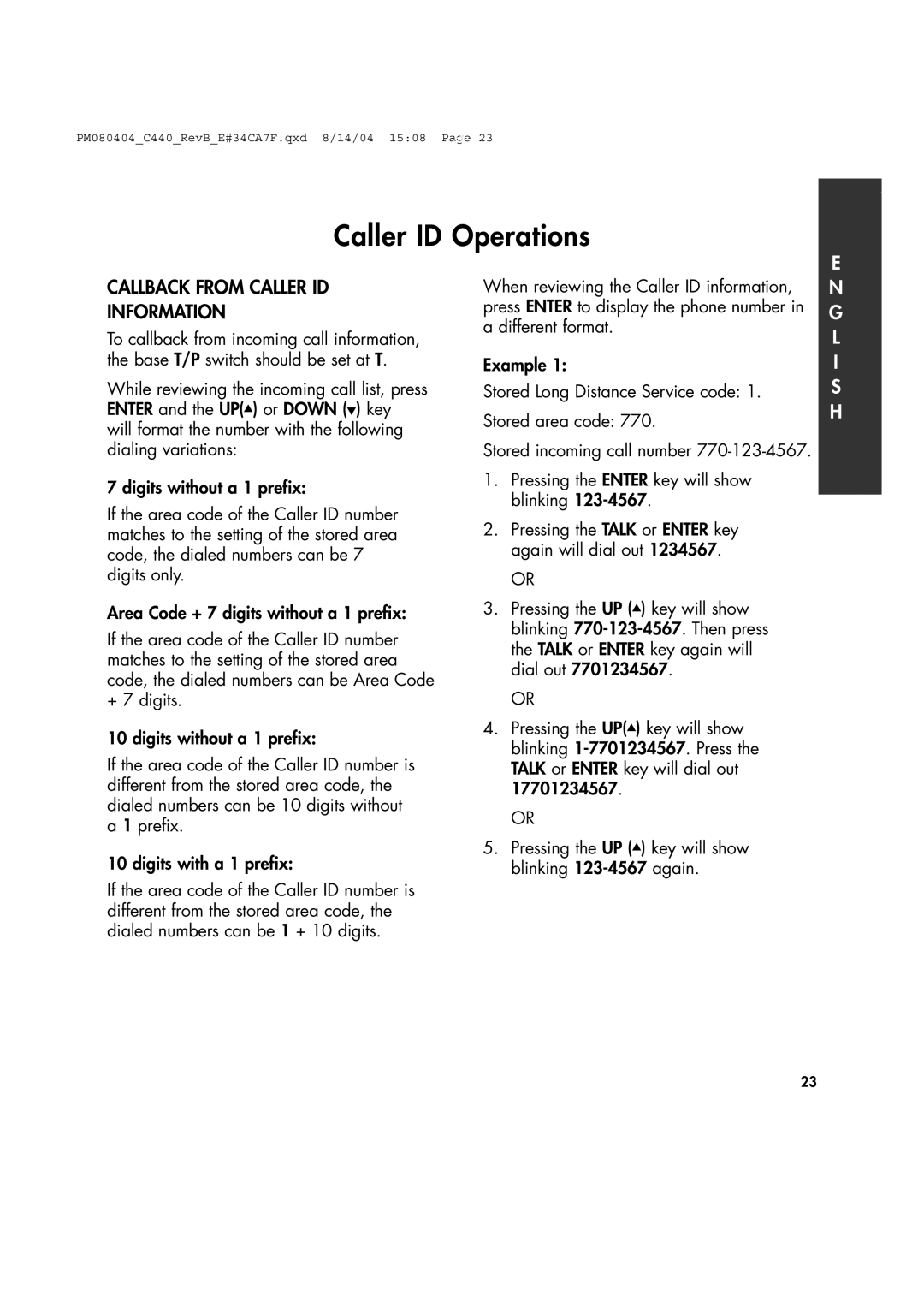 Clarity 440 manual Callback from Caller ID Information 