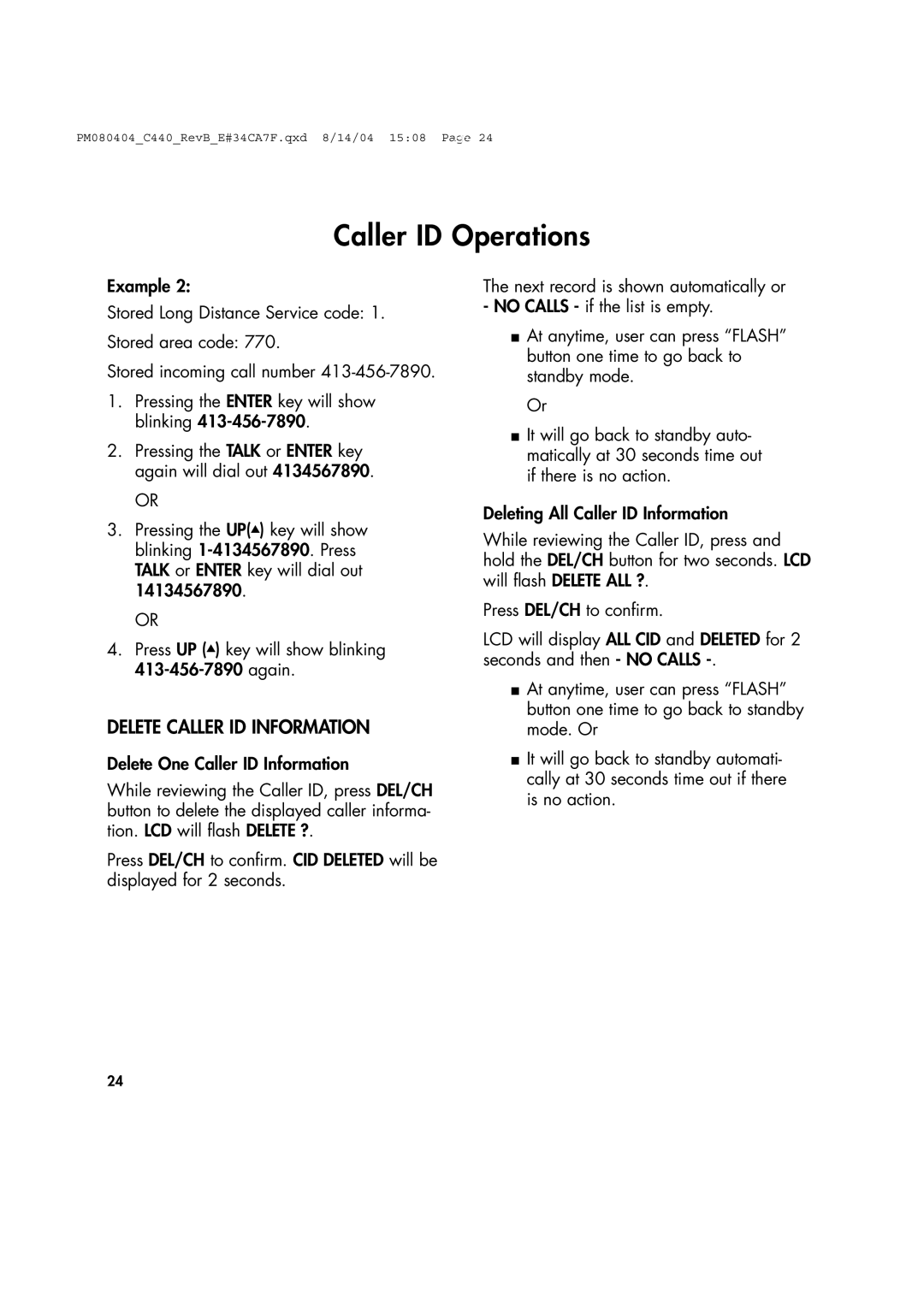 Clarity 440 manual Delete Caller ID Information, Delete One Caller ID Information 