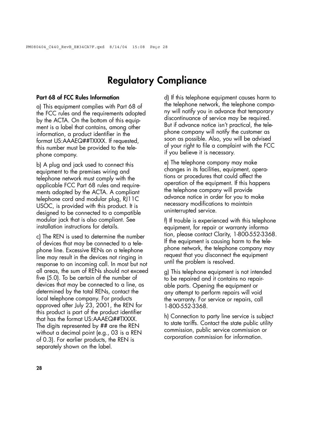 Clarity 440 manual Regulatory Compliance, Part 68 of FCC Rules Information 