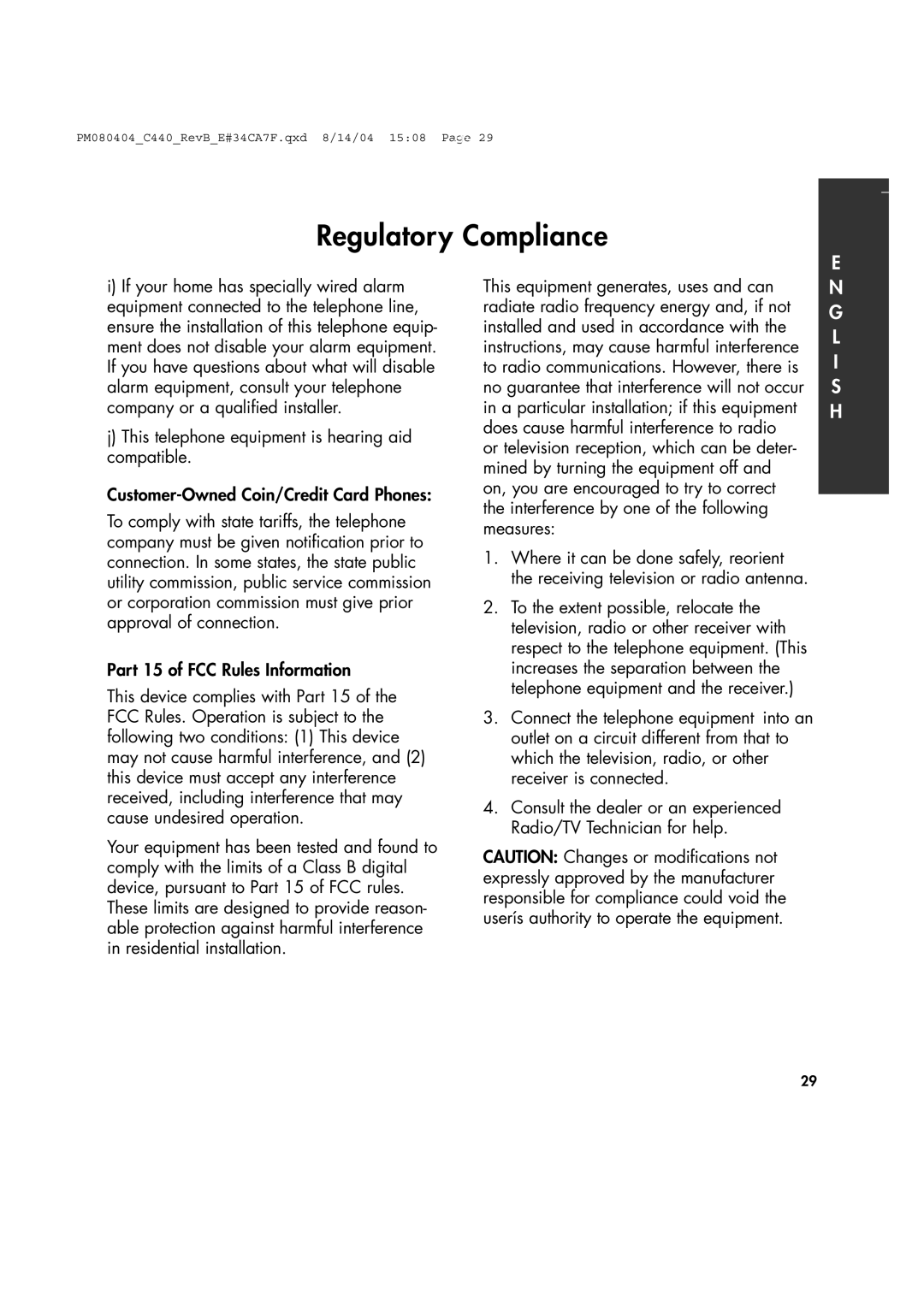 Clarity 440 manual Regulatory Compliance 