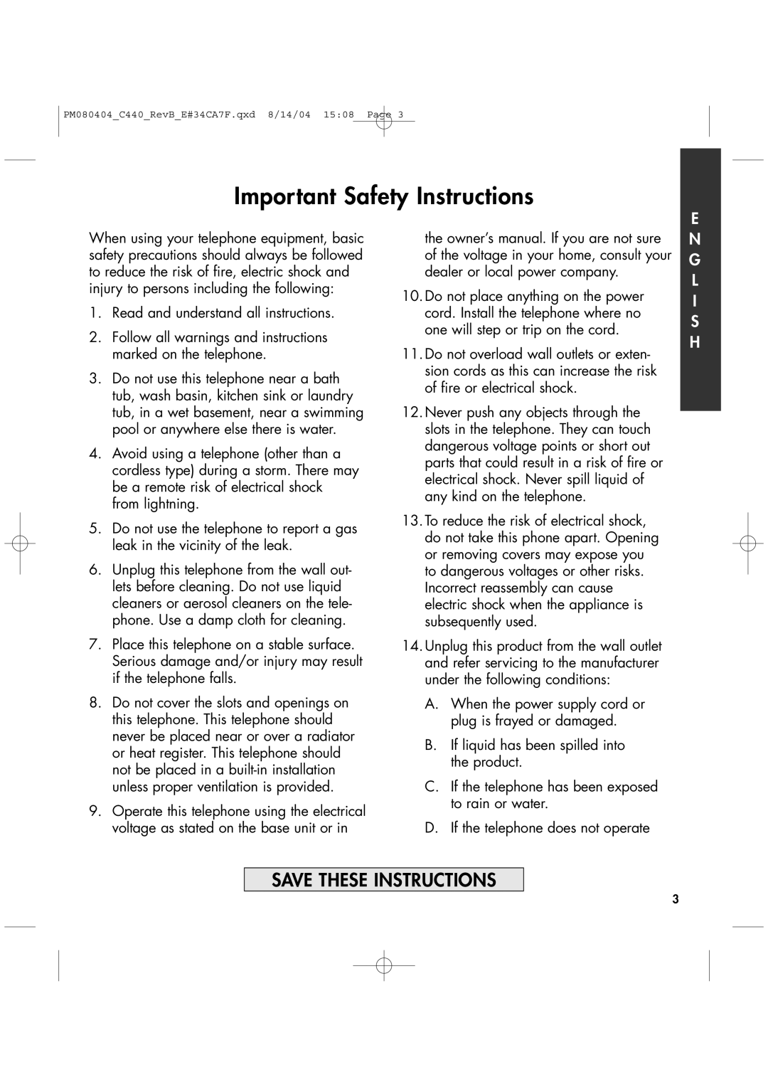 Clarity 440 manual Important Safety Instructions, Read and understand all instructions 