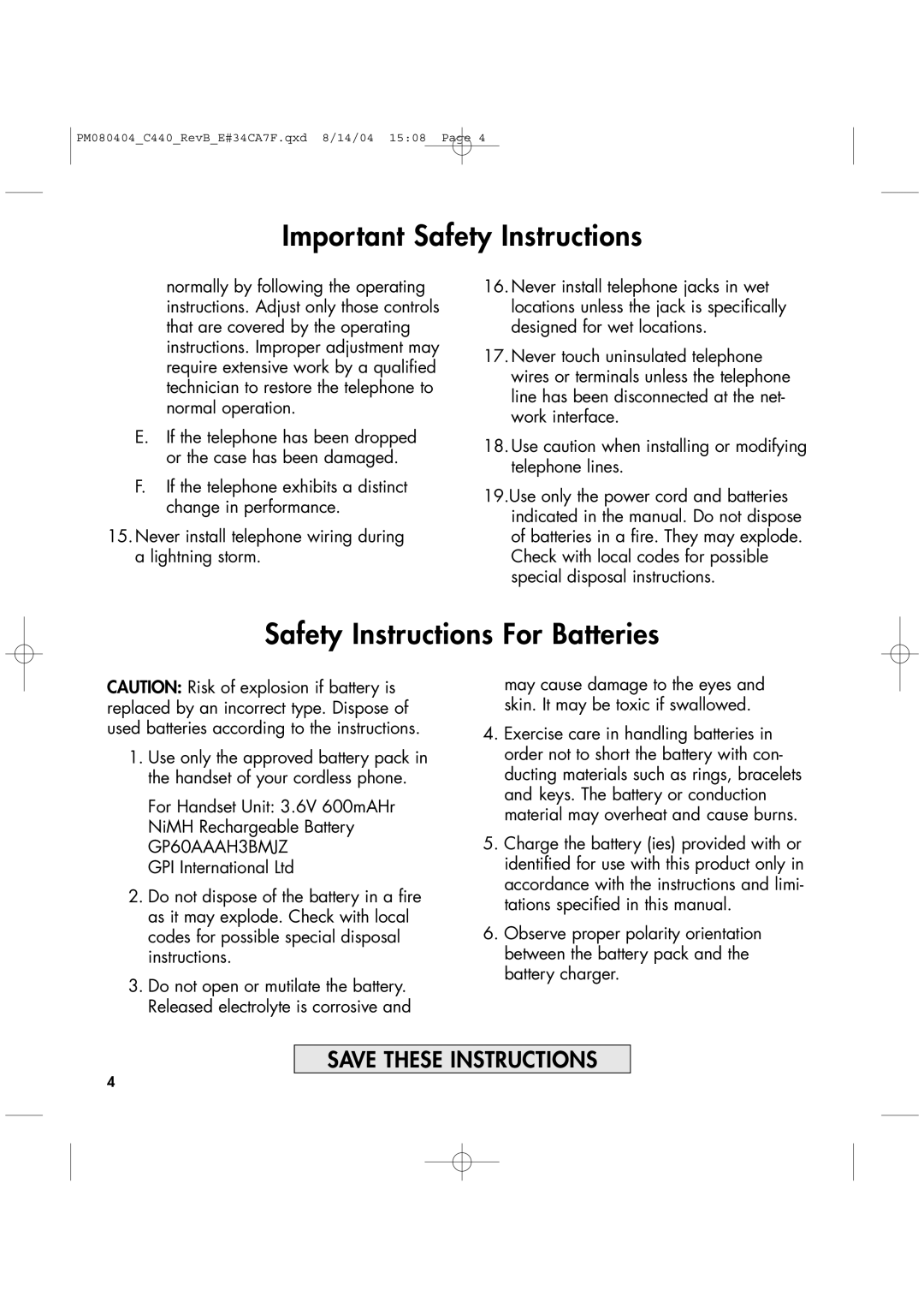 Clarity 440 manual Safety Instructions For Batteries 