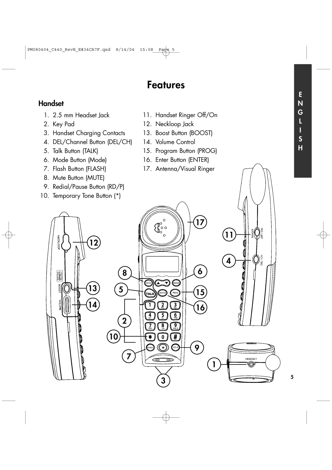 Clarity 440 manual Features, DEL/Channel Button DEL/CH Volume Control Talk Button Talk 