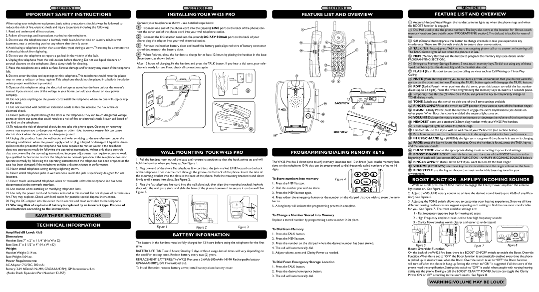 Clarity 51341 Important Safety Instructions, Installing Your W425 PRO, Feature List and Overview, Technical Information 