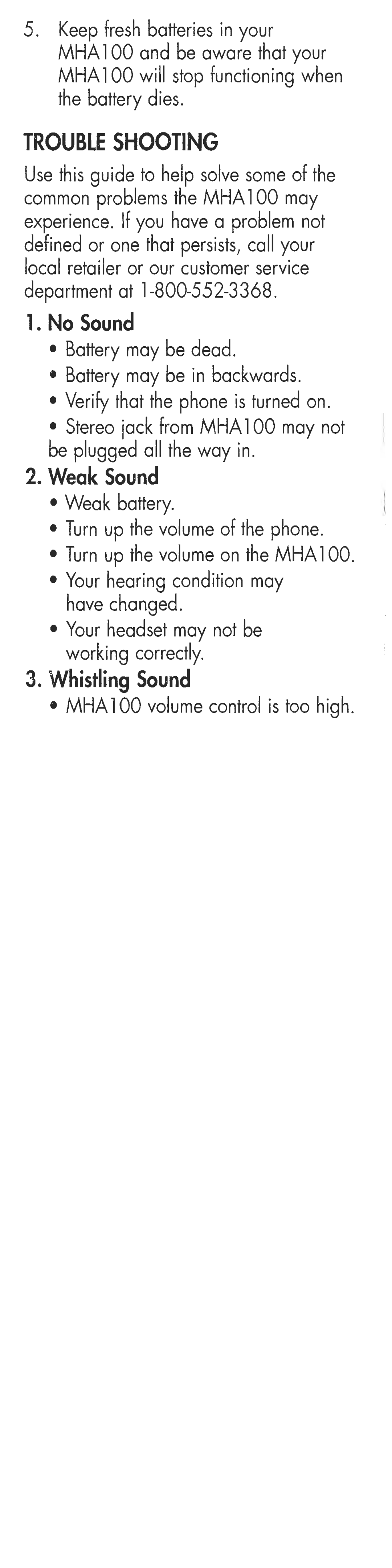 Clarity 51361001 manual No Sound, Weak Sound, Whistling Sound 