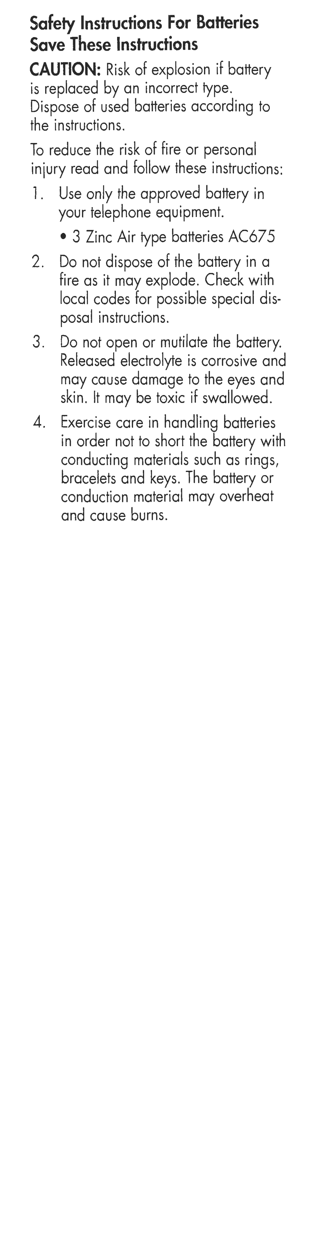 Clarity 51361001 manual Safety Instructions For Batteries Save These Instructions 