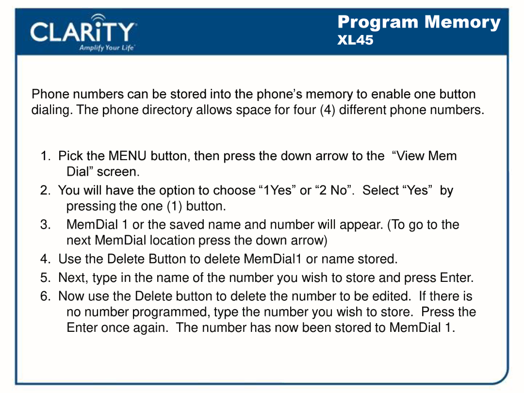 Clarity 54500001 manual Program Memory 