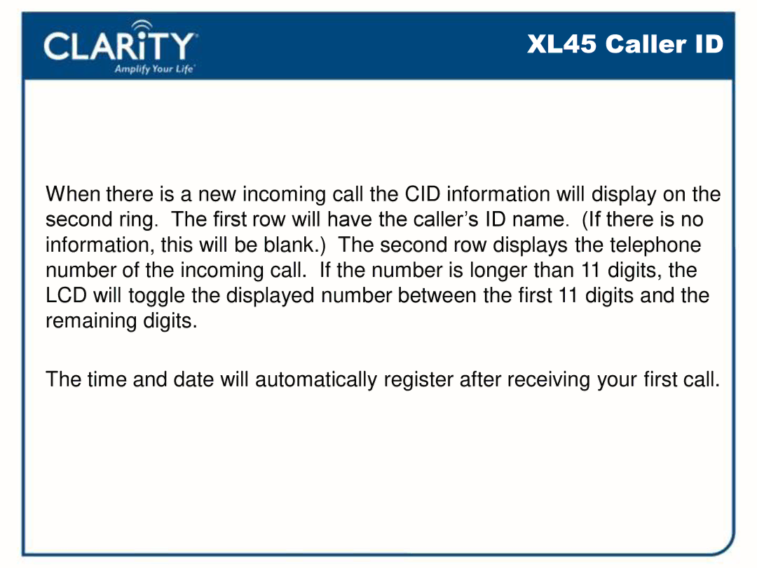 Clarity 54500001 manual XL45 Caller ID 