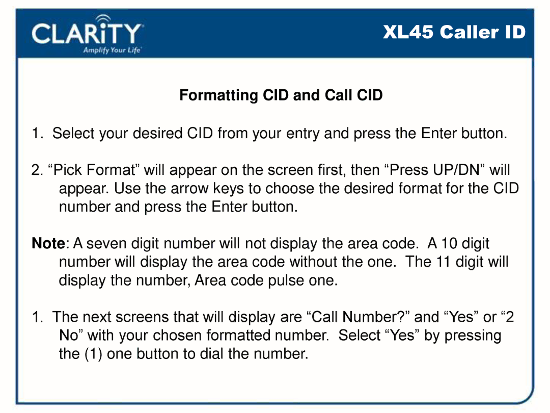 Clarity 54500001 manual Formatting CID and Call CID 