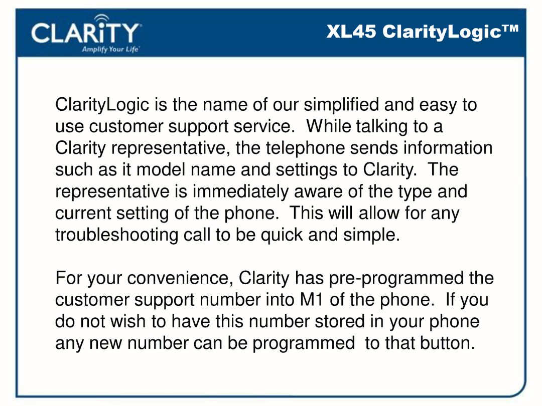 Clarity 54500001 manual XL45 ClarityLogic 