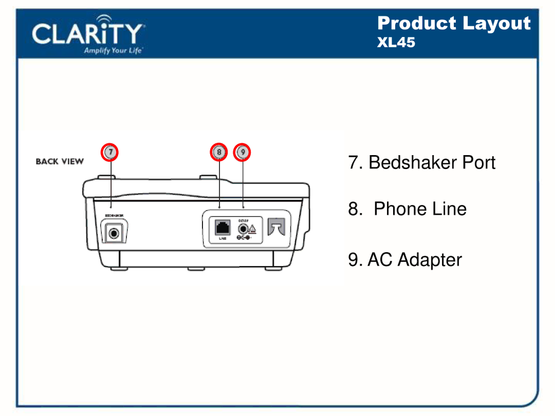 Clarity 54500001 manual Bedshaker Port Phone Line AC Adapter 