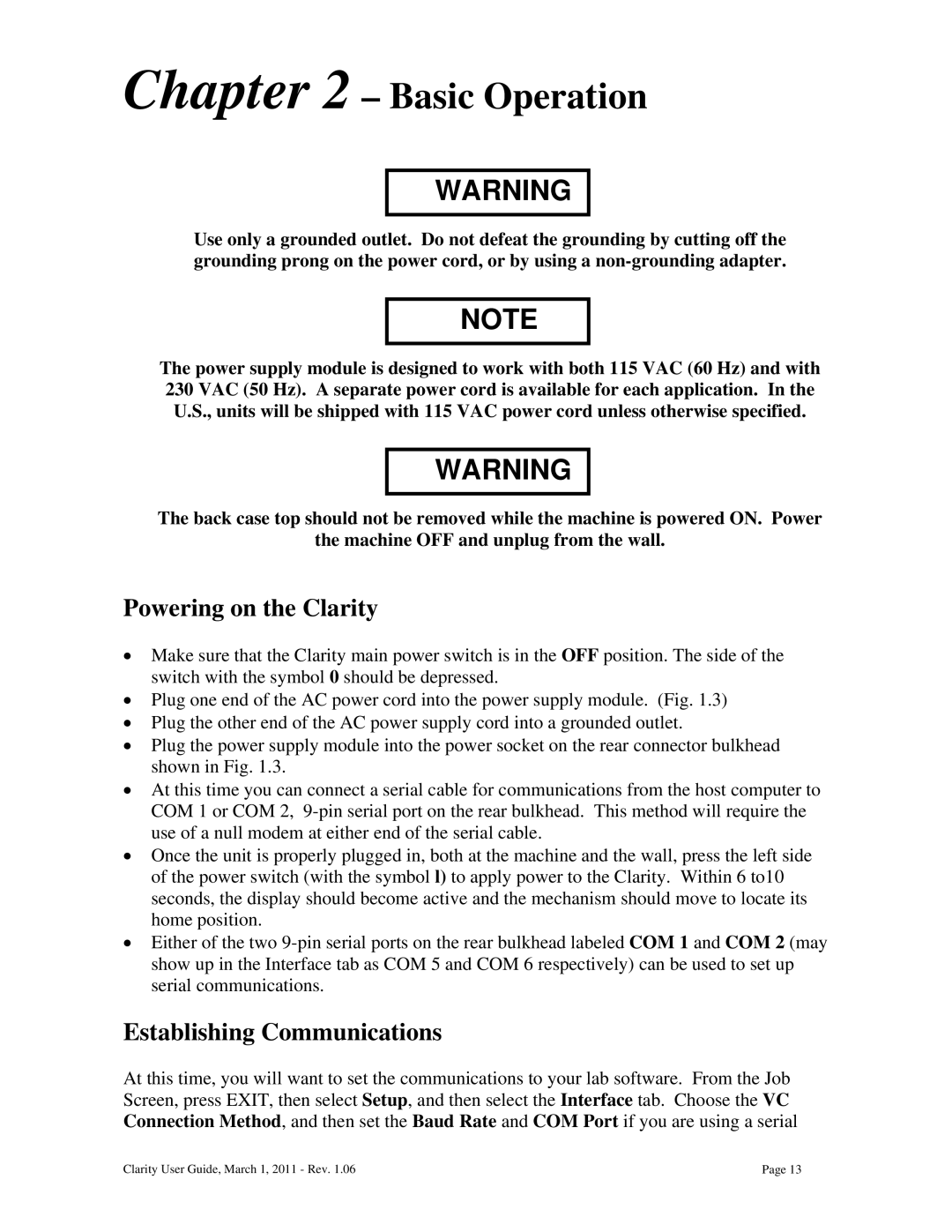 Clarity 87392-11 manual Basic Operation, Powering on the Clarity, Establishing Communications 