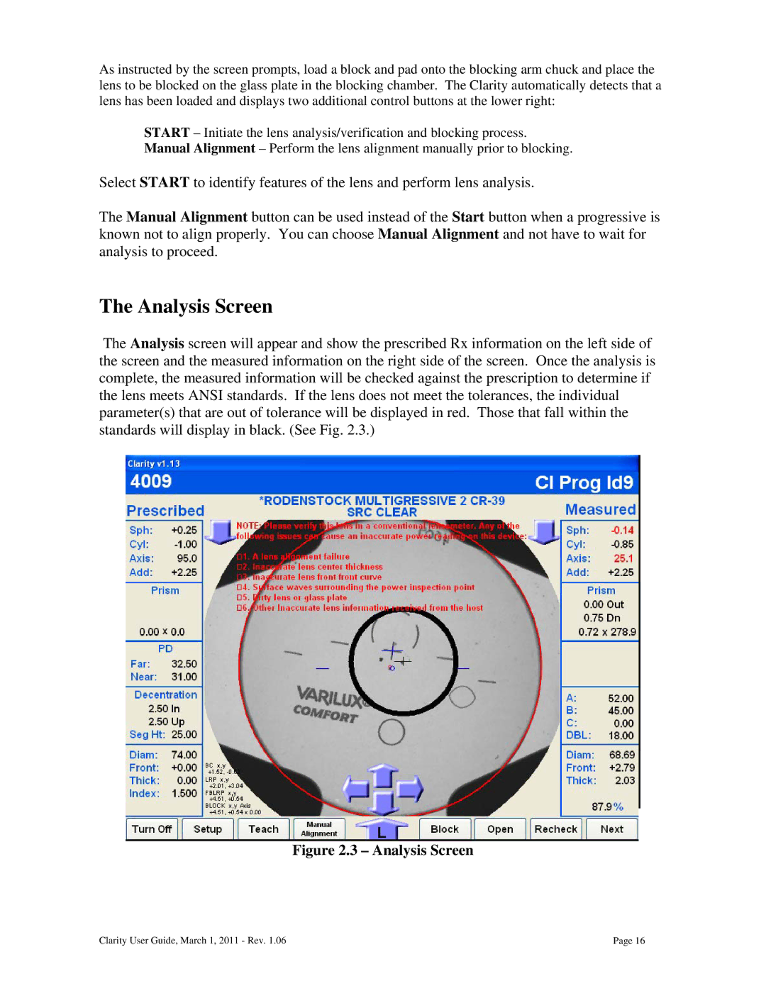 Clarity 87392-11 manual Analysis Screen 