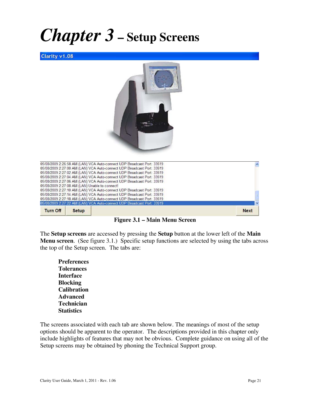 Clarity 87392-11 manual Setup Screens, Main Menu Screen 