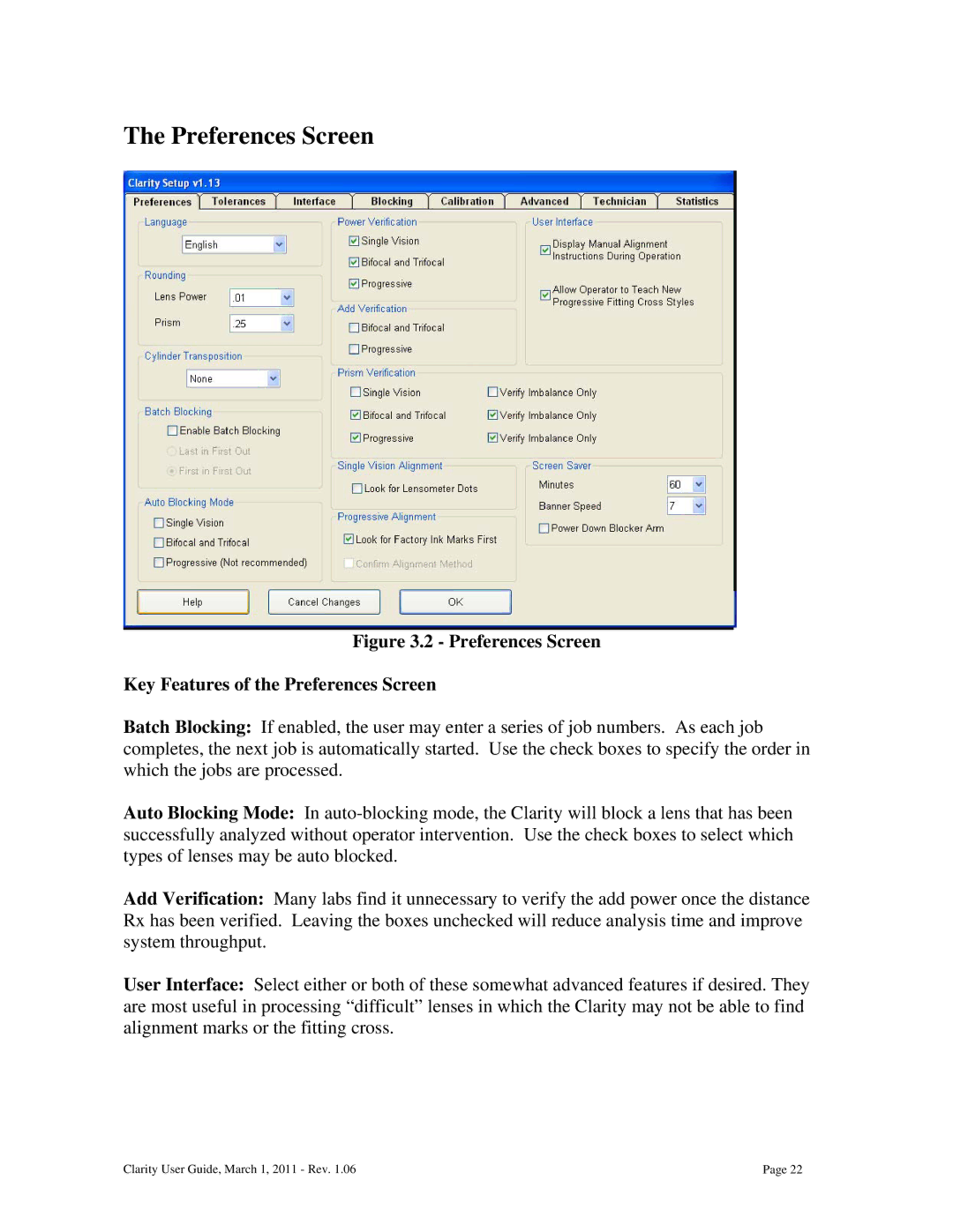 Clarity 87392-11 manual Preferences Screen Key Features of the Preferences Screen 