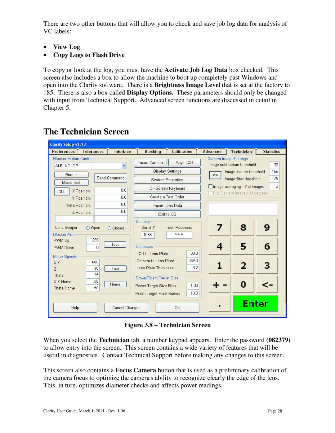 Clarity 87392-11 manual Technician Screen, View Log Copy Logs to Flash Drive 