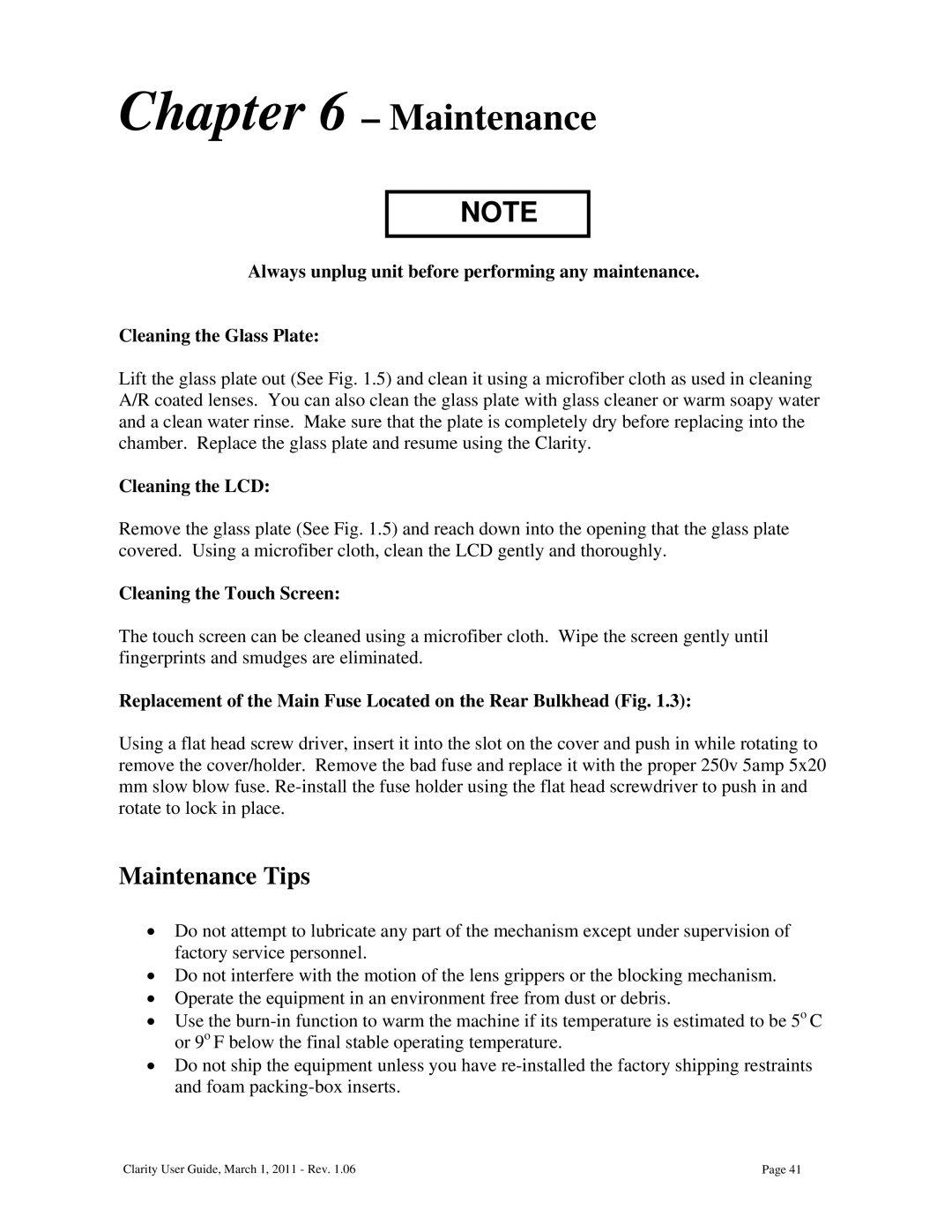 Clarity 87392-11 manual Maintenance Tips, Cleaning the LCD, Cleaning the Touch Screen 