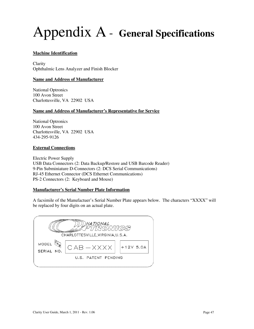 Clarity 87392-11 manual Appendix a General Specifications, External Connections 