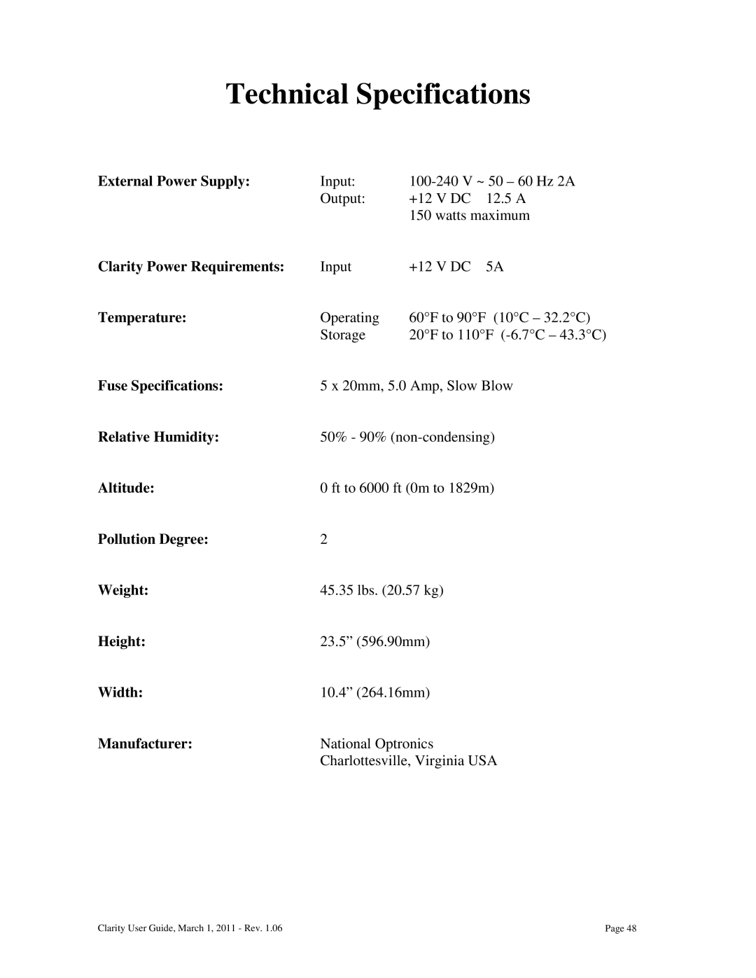 Clarity 87392-11 manual Technical Specifications 