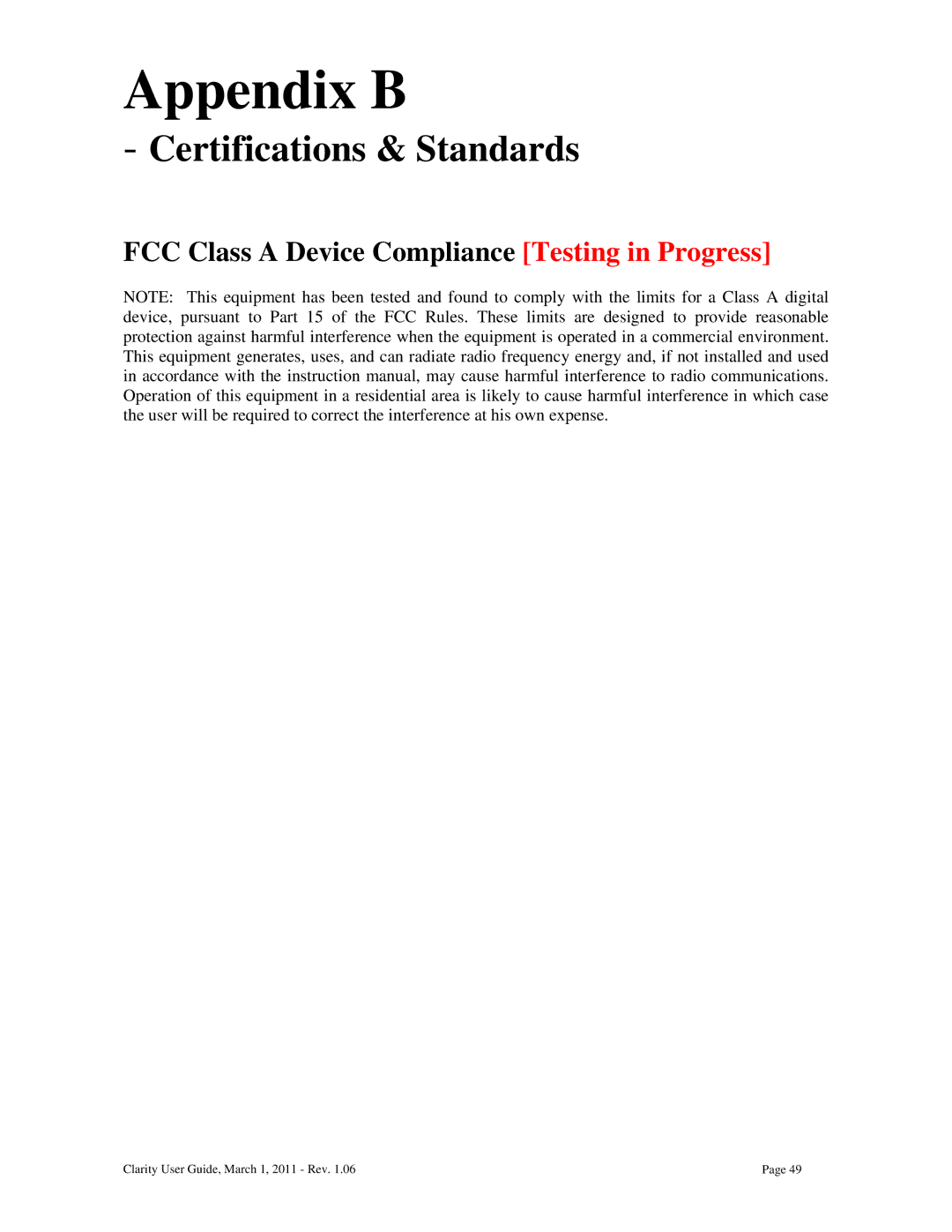 Clarity 87392-11 manual Appendix B, Certifications & Standards 