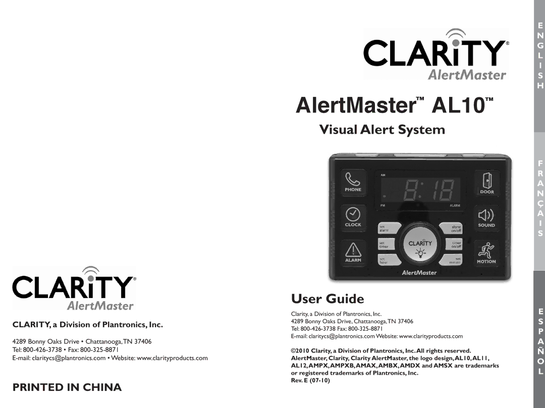 Clarity manual AlertMaster AL10, CLARITY, a Division of Plantronics, Inc 