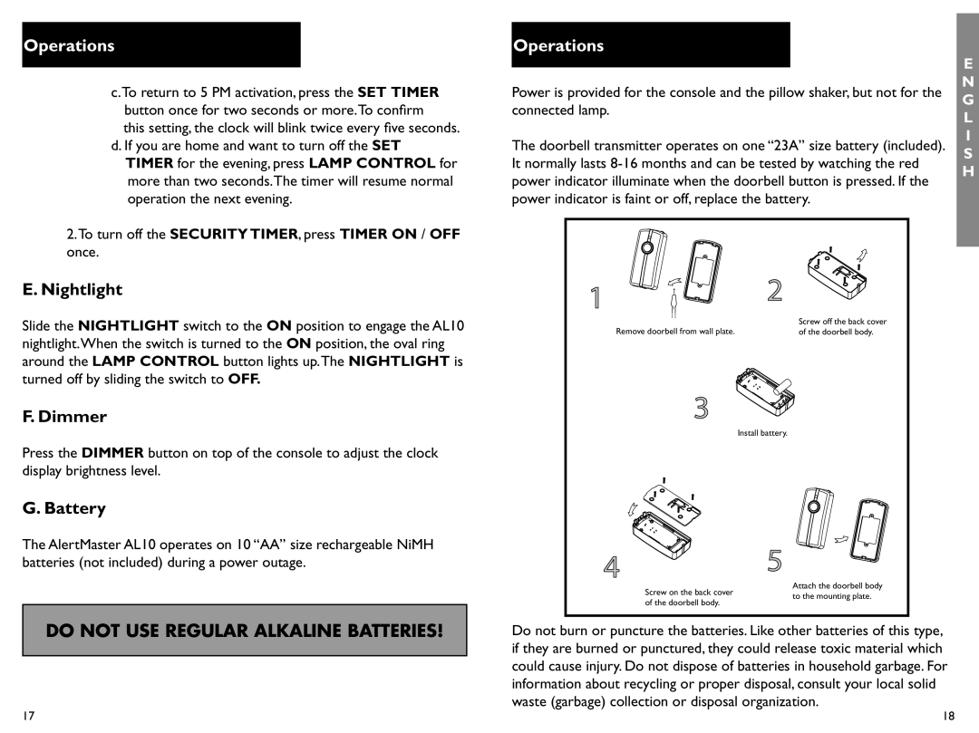 Clarity AL10 manual Nightlight, Dimmer, Battery 