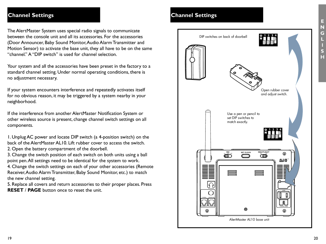 Clarity AL10 manual Channel Settings, Open the battery compartment of the doorbell 