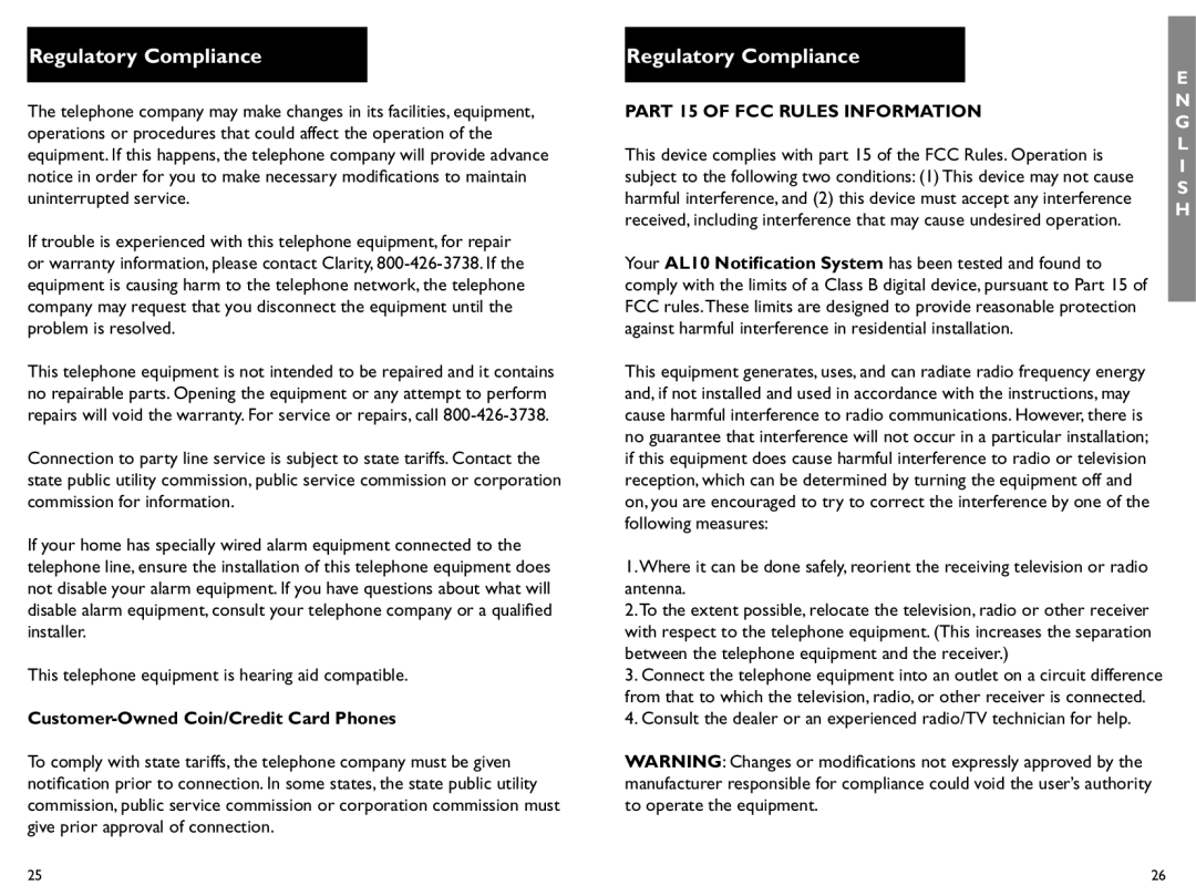 Clarity AL10 manual Customer-Owned Coin/Credit Card Phones, Part 15 of FCC Rules Information 